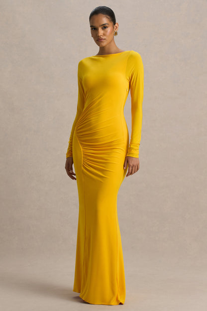 Diva | Vestido Largo Amarillo Con Escote Rasgado y Detalle Fruncido