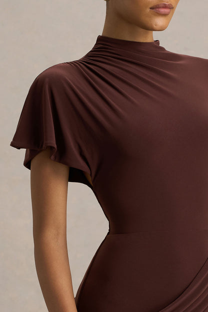 Tropic | Vestido Largo Marrón con Cuello Alto y Manga-Capa Larga
