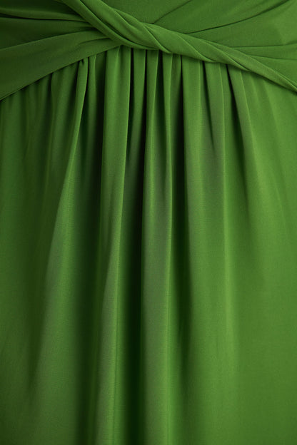 Hourglass | Vestido Largo Verde de Manga Larga con Escote alto, Detalle Cruzado en la Cintura y Abertura Frontal
