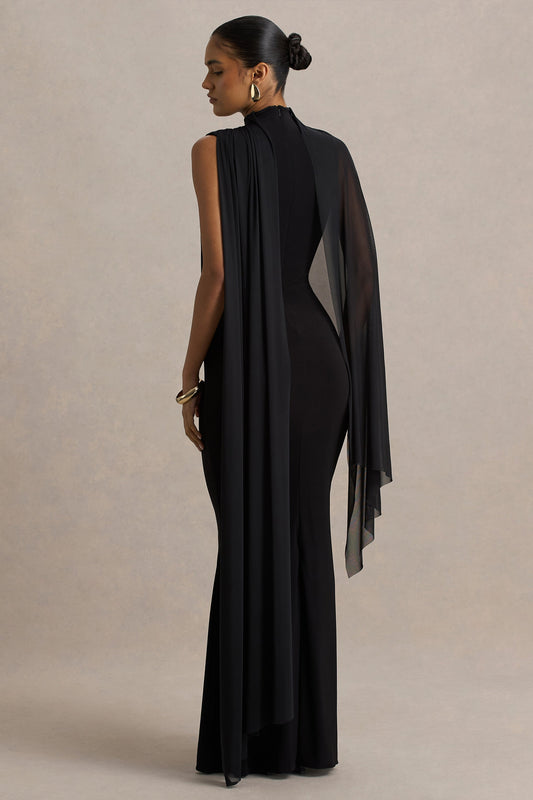 Amour | Vestido Largo Negro Con Escote Alto y Detalle De Manga Capa