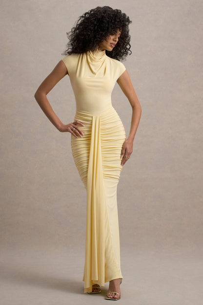 Lorenza | Vestido largo en  Limón de Cuello Alto con Fruncido y Falda Envolvente