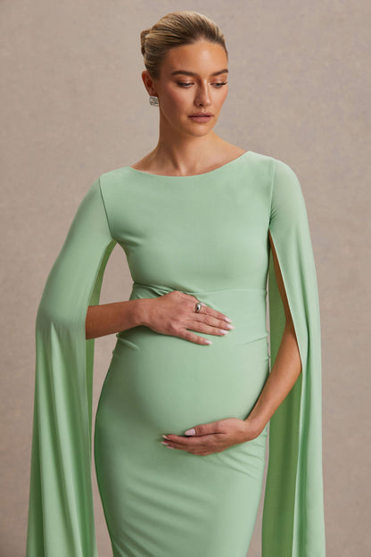 Providence | Vestido Midi premamá en Verde Claro de Cuello Alto con Mangas Capa