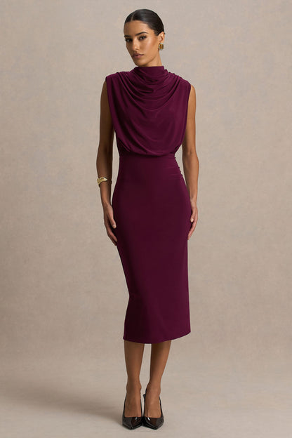 Hermia | Vestido Midi Burdeos De Cuello Alto Sin Mangas