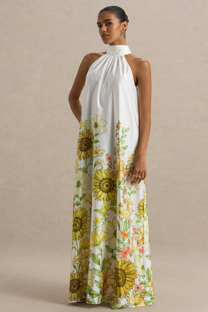 Glide | Vestido largo satinado con detalle de cuello con lazo y estampado de girasoles