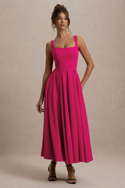 Parina | Vestido midi fucsia con escote cuadrado y falda voluminosa