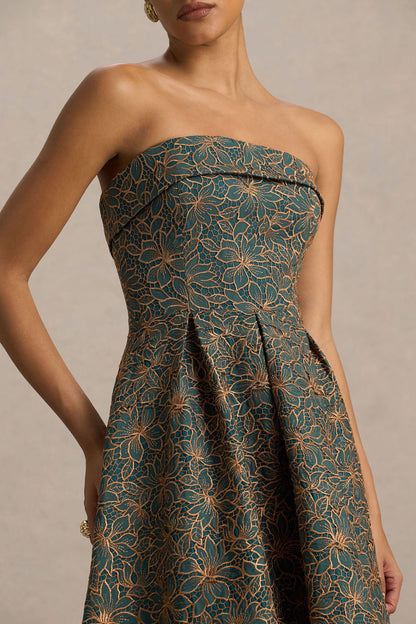 Loretta | Vestido midi bordado en verde oscuro y óxido con escote bandeau