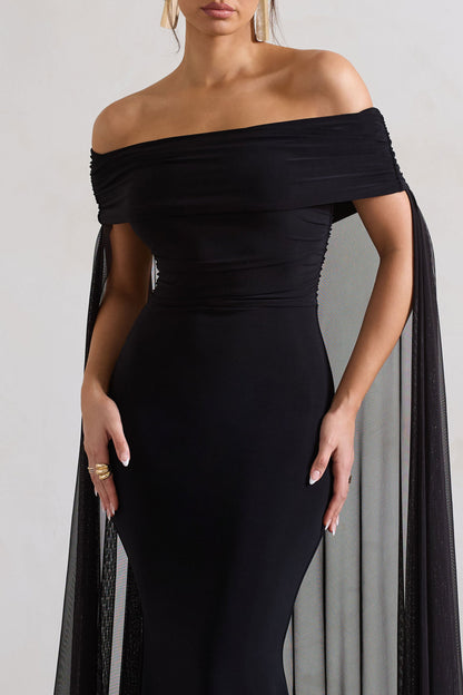 Carlotta | Vestido largo negro ajustado con capa de gasa y escote bardot