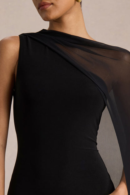 Mirelle | Vestido Largo negro con escote asimétrico y manga-capa transparente