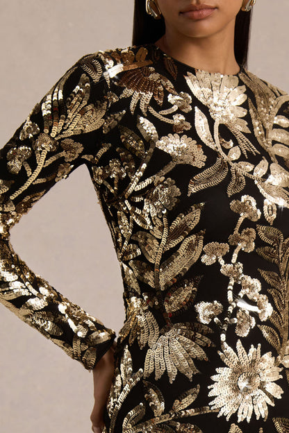 Lara | Vestido Corto de Lentejuelas en Negro y Dorado, Cuello Alto y Bajo con Plumas