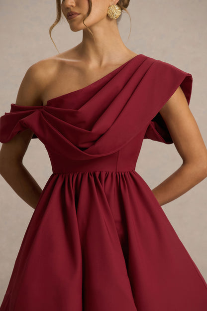 Verona | Vestido corto skater burdeos con escote asimétrico drapeado