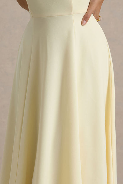 Auburn | Vestido midi amarillo pastel con escote halter de malla con lazo