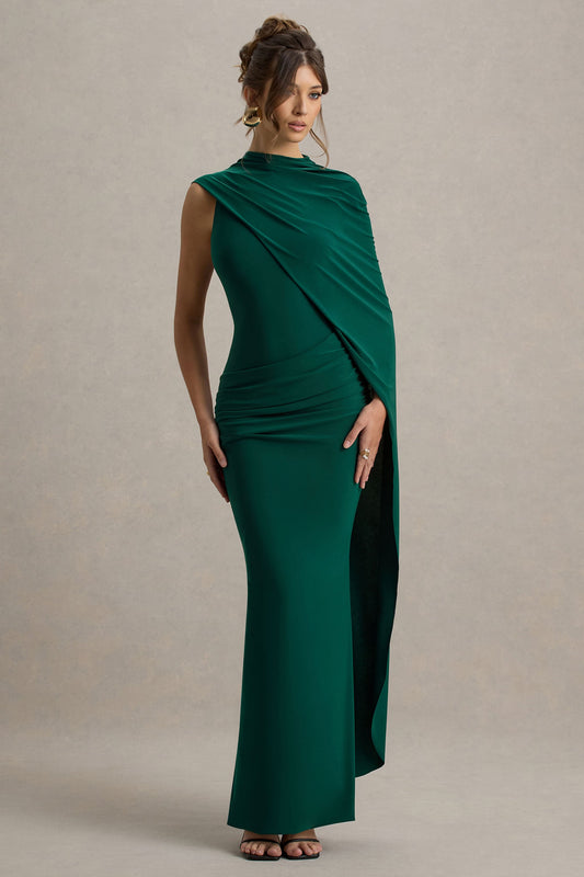 Maeve | Vestido largo Verde Botella con Manga Capa Drapeada