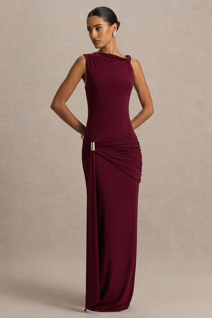 Decadence | Vestido Largo Burdeos de Cuello Alto con Manga Retorcida y Detalle de Lazo