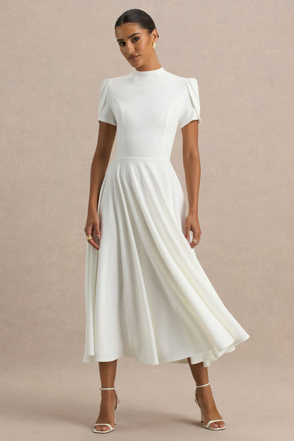 Vicky | Vestido midi blanco con mangas abullonadas y falda con volumen
