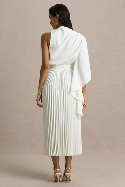 Jimena | Vestido Midi En Color Crema De Manga Larga con Cuello Alto y Detalles Plisados
