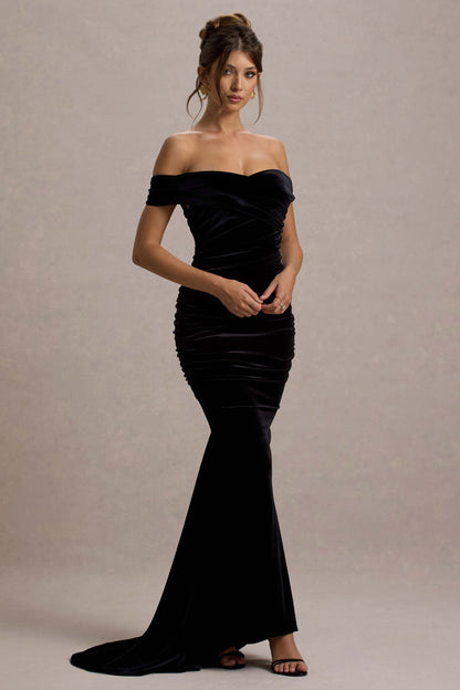 Apolline | Vestido Largo de Terciopelo Negro con Hombros Descubiertos y Cola de Sirena Fruncida
