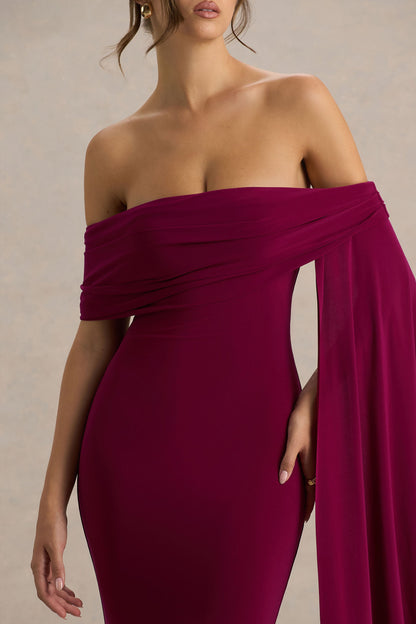 Saffina | Vestido Largo Burdeos con Escote Bardot y Detalle de Fajín