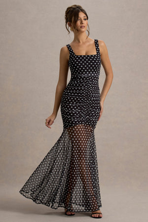 Galaxia | Vestido largo de lunares con malla transparente en el bajo