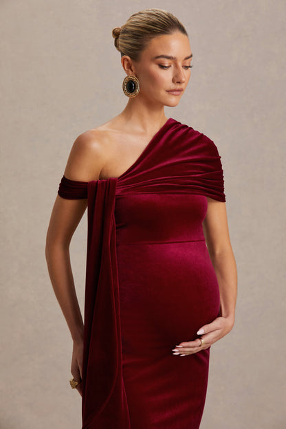 Zena | Vestido Midi Premamá de Terciopelo Burdeos con Escote Asimétrico y Detalle de Nudo y Fajín