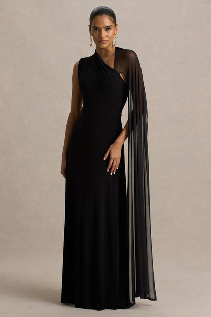 Selena | Vestido largo negro de tul con manga tipo capa