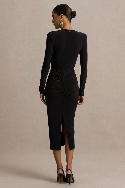 Ivara | Vestido Largo Negro con Escote Profundo, Detalles Fruncidos y Detalle de fajín