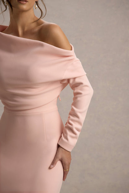 Lou | Vestido largo rosa con mangas largas y dobladillo asimétrico