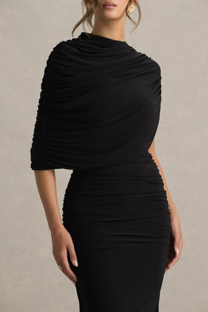 Glitz | Vestido largo en Negro con Escote Alto, Manga Capa y Detalle Fruncido