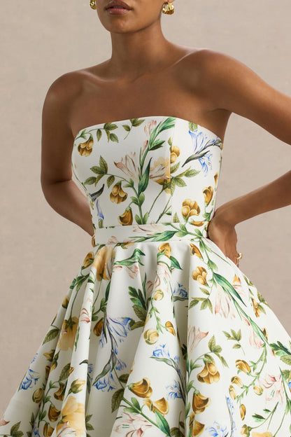 Valerian | Vestido corto Blanco con Estampado floral y Escote Bandeau con Bajo con Volantes