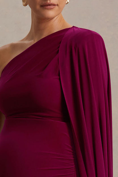 Amaryllis | Vestido Largo premamá color berry de un solo hombro con manga capa