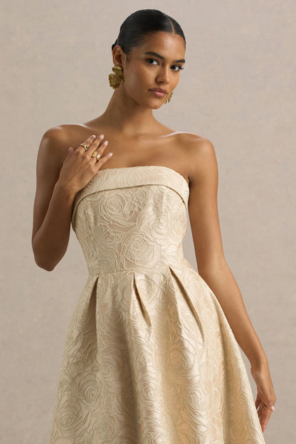 Hypnotic | Vestido Midi Dorado de Jacquard con Escote Bandeau y falda plisada
