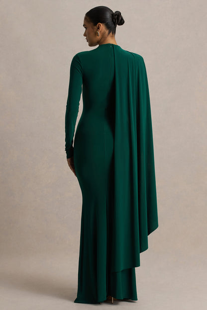 Always | Vestido Largo Verde Botella con Escote Alto y Detalle de Manga Capa