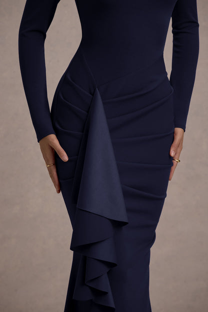 Alayna | Vestido largo ajustado al cuerpo de manga larga con volante lateral en color azul oscuro