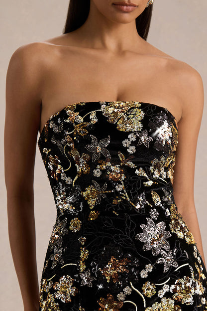 Valeri | Vestido Corto negro de terciopelo con escote bandeau y lentejuelas florales bronce