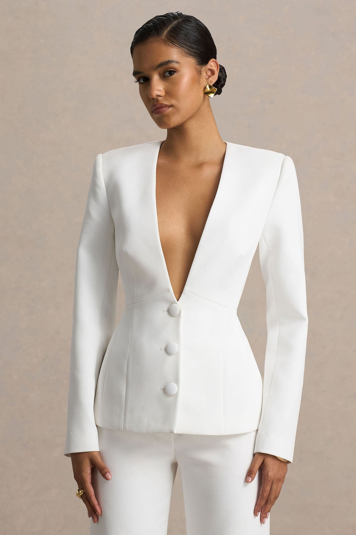 Rosalina | Blazer Blanco Entallado con Escote Profundo Extremo