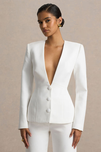 Rosalina | Blazer Blanco Entallado con Escote Profundo Extremo