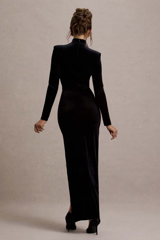 Jaz | Vestido largo de terciopelo negro con falda fruncida y abertura lateral