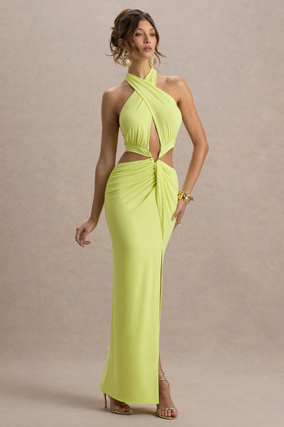 Aura | Vestido largo en Verde Lima con Escote Halter y detalles de aberturas