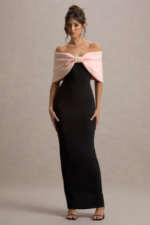 Cornelia | Vestido largo Rosa y Negro Sin Tirantes con Lazo Oversized