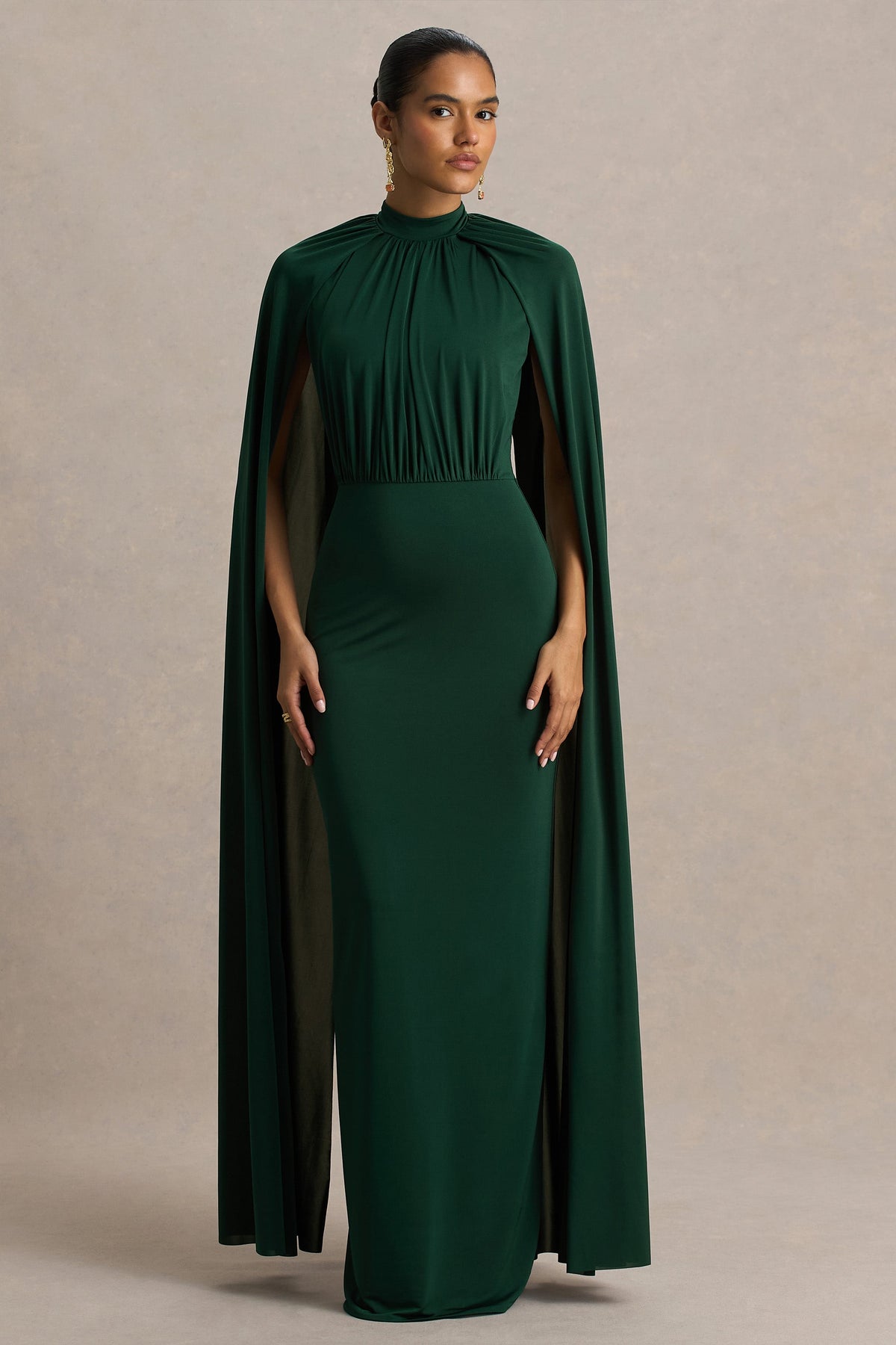 Darielle | Vestido largo de Escote Alto con Mangas Capa Verde Botella