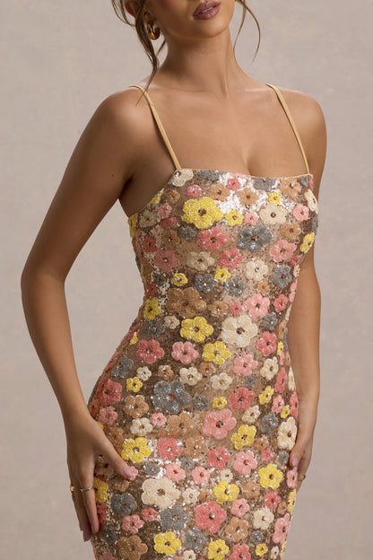 Vitora | Vestido largo con estampado floral en tonos pastel lentejuelas y escote cuadrado