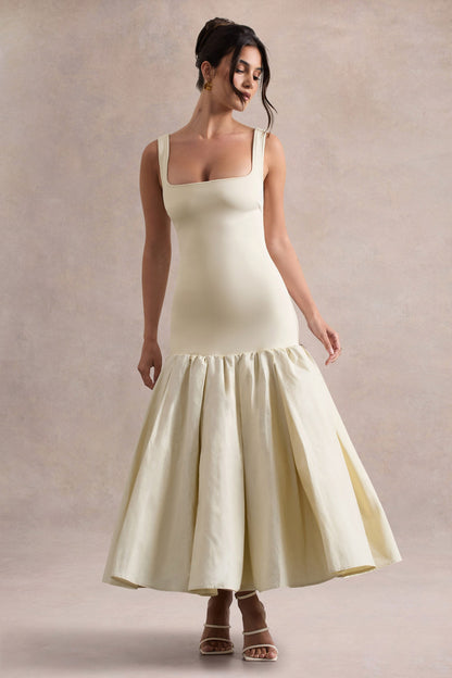 Parida | Vestido midi de popelina en crema con cintura caída y dobladillo con volante