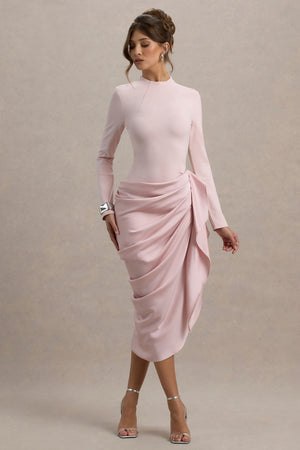 Raffie | Vestido Midi satinado rosa con mangas largas y drapeado lateral