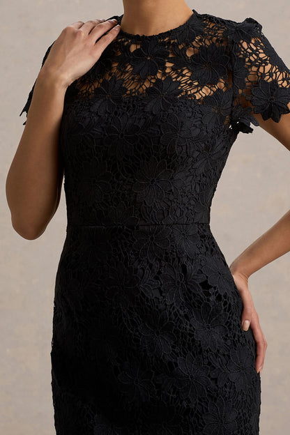 Clarissa | Vestido midi de encaje negro con mangas corrtas