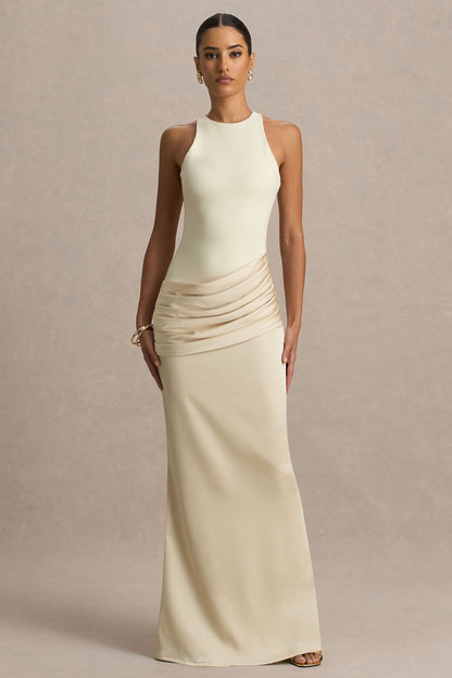Akari | Vestido Largo Crema de Cuello Redondo con Falda de Satén
