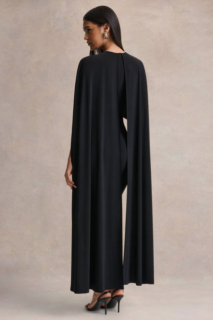 Kalani | Vestido Midi Negro con Cuello Redondo y Mangas Tipo Capa