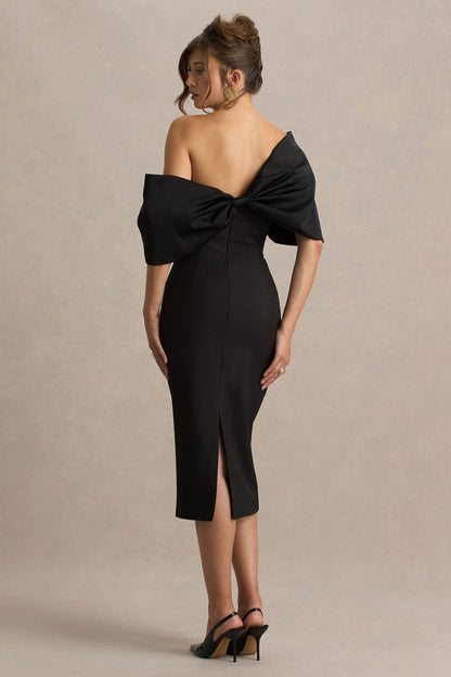 Lucille | Vestido midi negro con escote bardot asimétrico