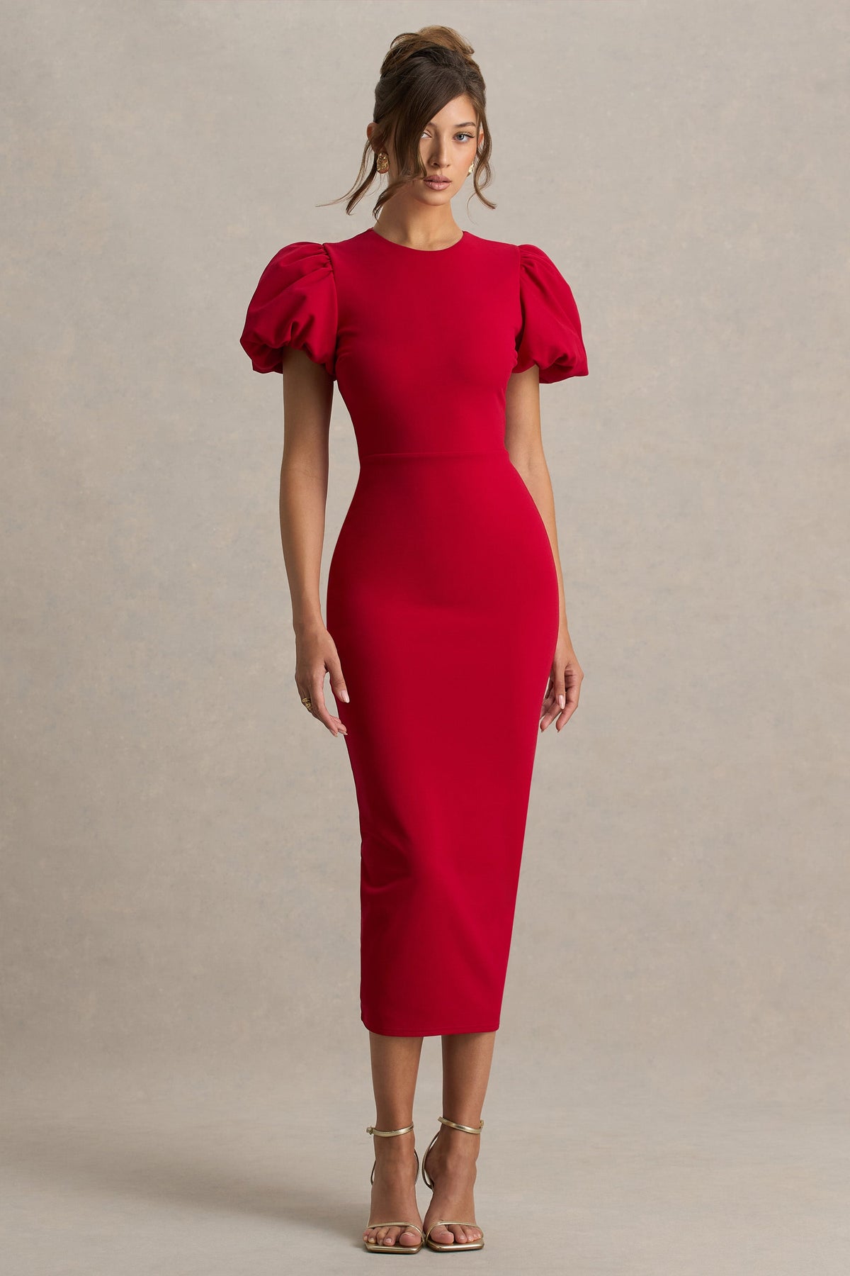 Dakota |  Vestido midi rojo con mangas abullonadas