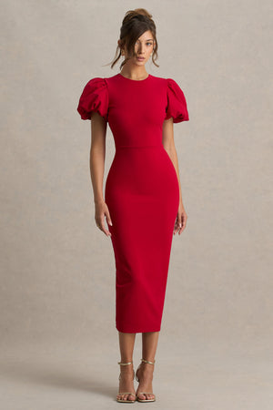 Dakota |  Vestido midi rojo con mangas abullonadas