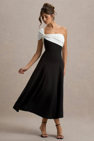 Malta | Vestido Midi Blanco y Negro con Un Solo Hombro