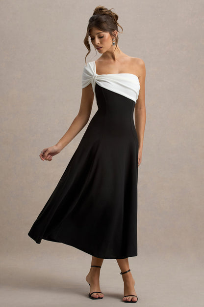 Malta | Vestido Midi Blanco y Negro con Un Solo Hombro